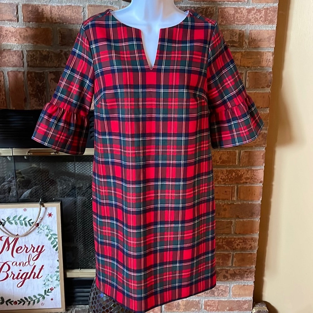 Vineyard Vines Red Merry Plaid Greenwich Flutter Sleeve Dress